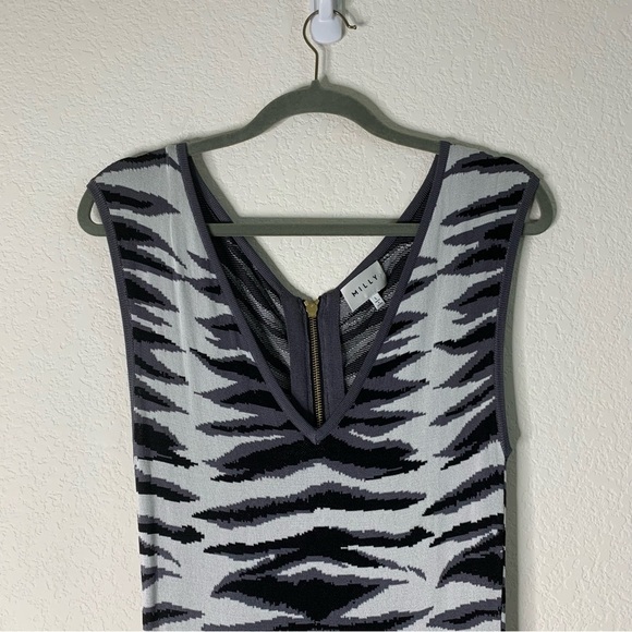 Milly Womens Ikat Jacquard sleeveless Flare Dress in black white multi L - Picture 4 of 9